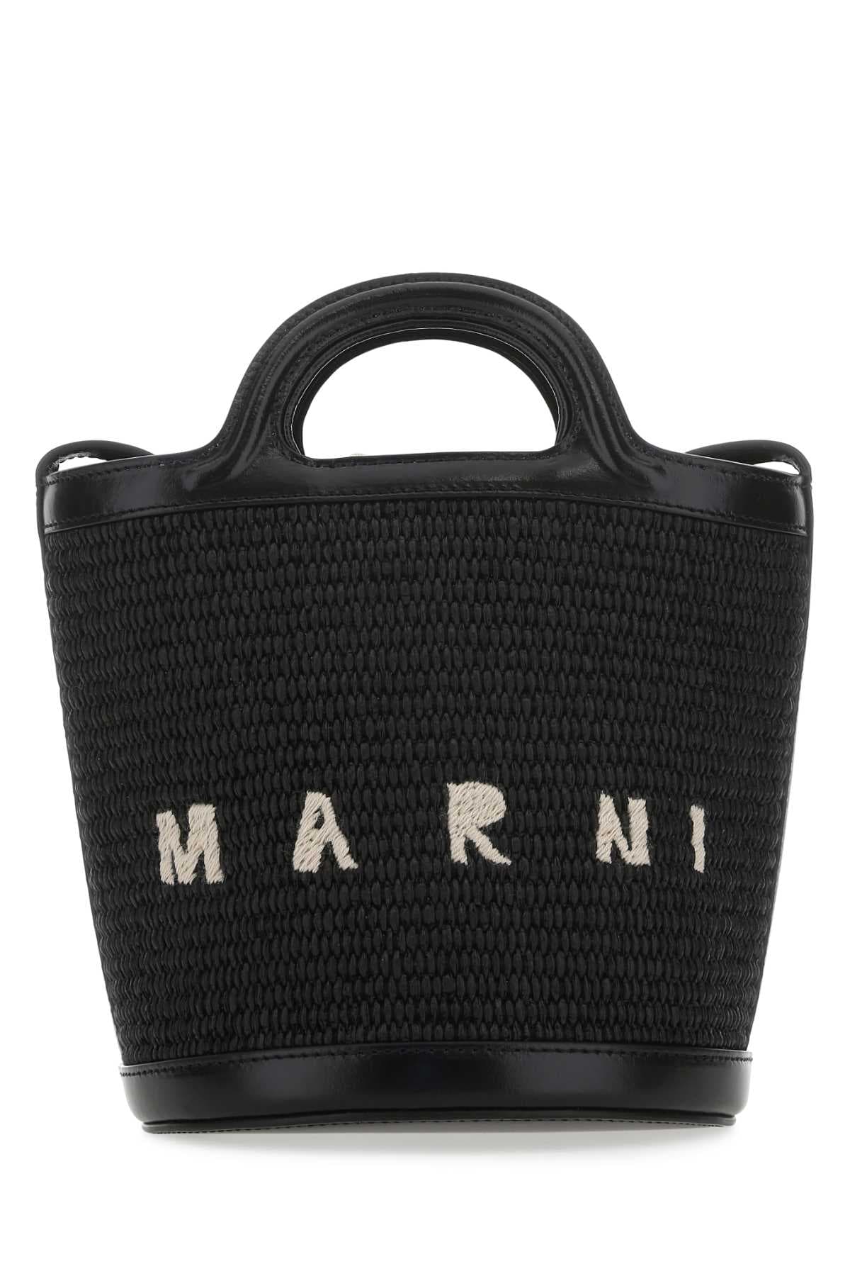 Black leather and raffia Tropicalia bucket bag