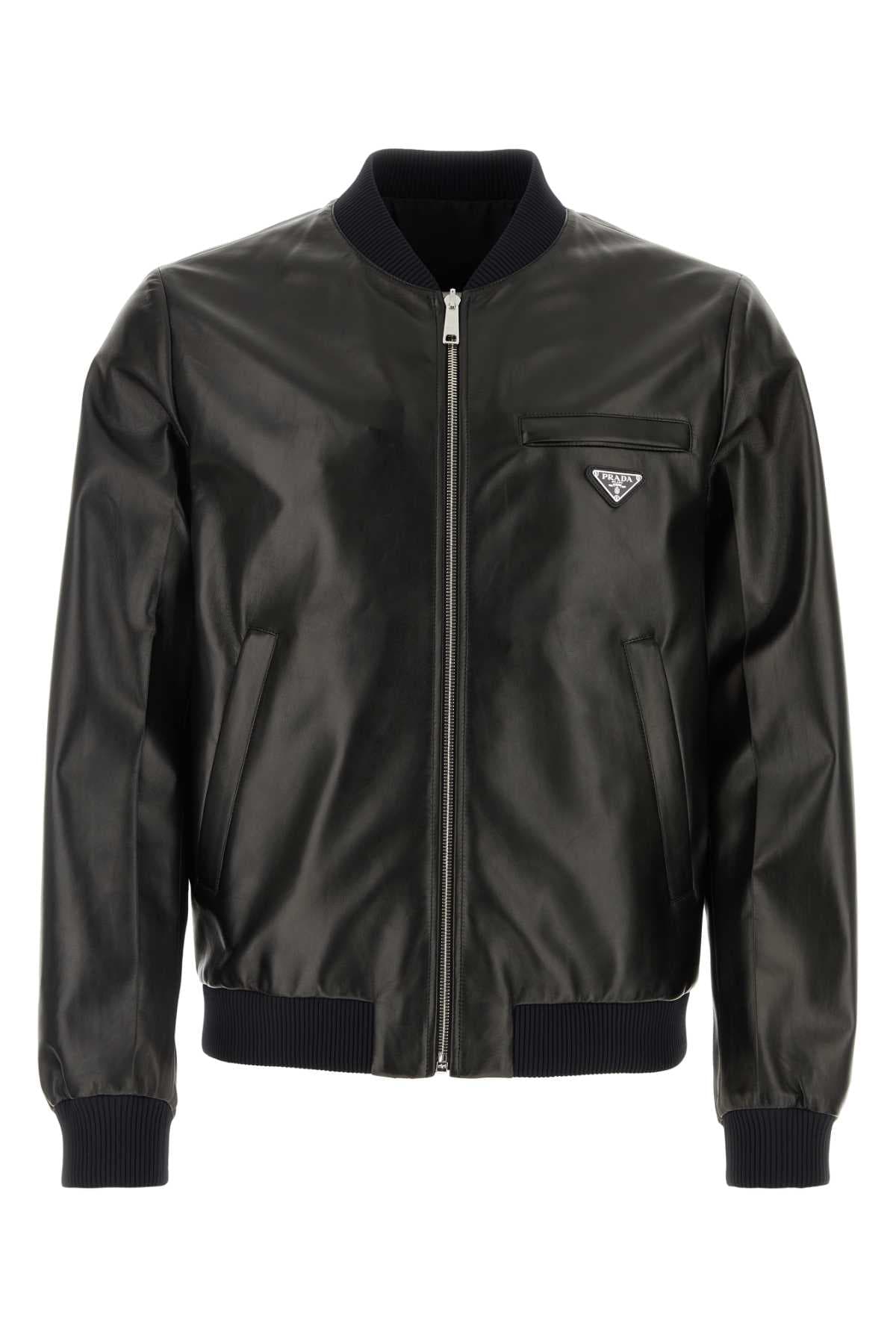 Black nappa leather reversible bomber jacket