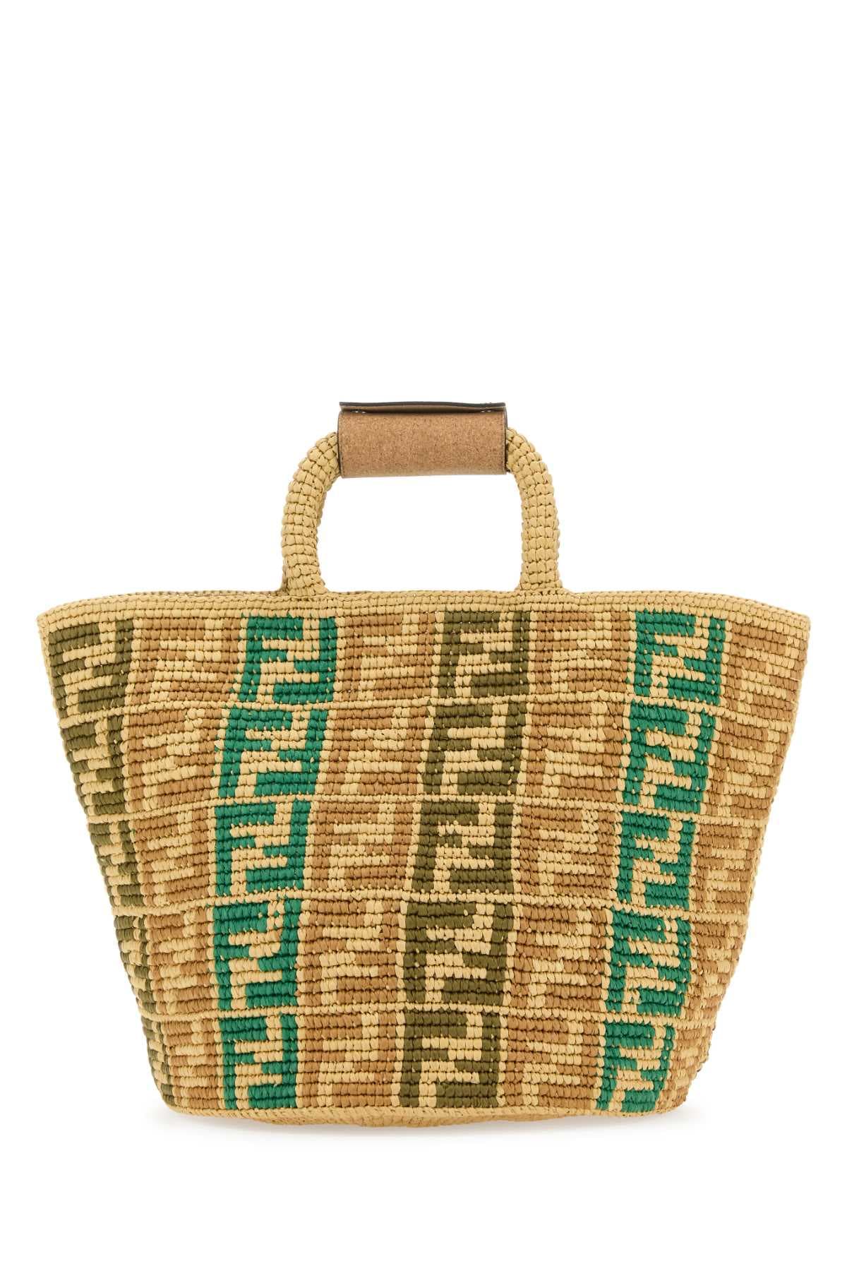 Embroidered raffia FF Shopper shopping bag