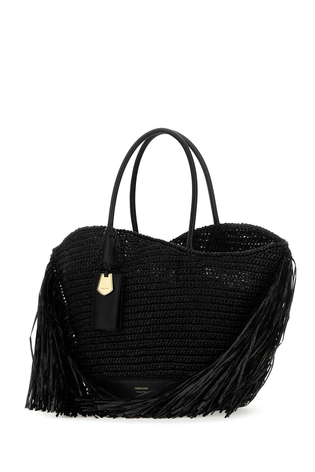 Black raffia and leather big shopping bag - мініатюра 2