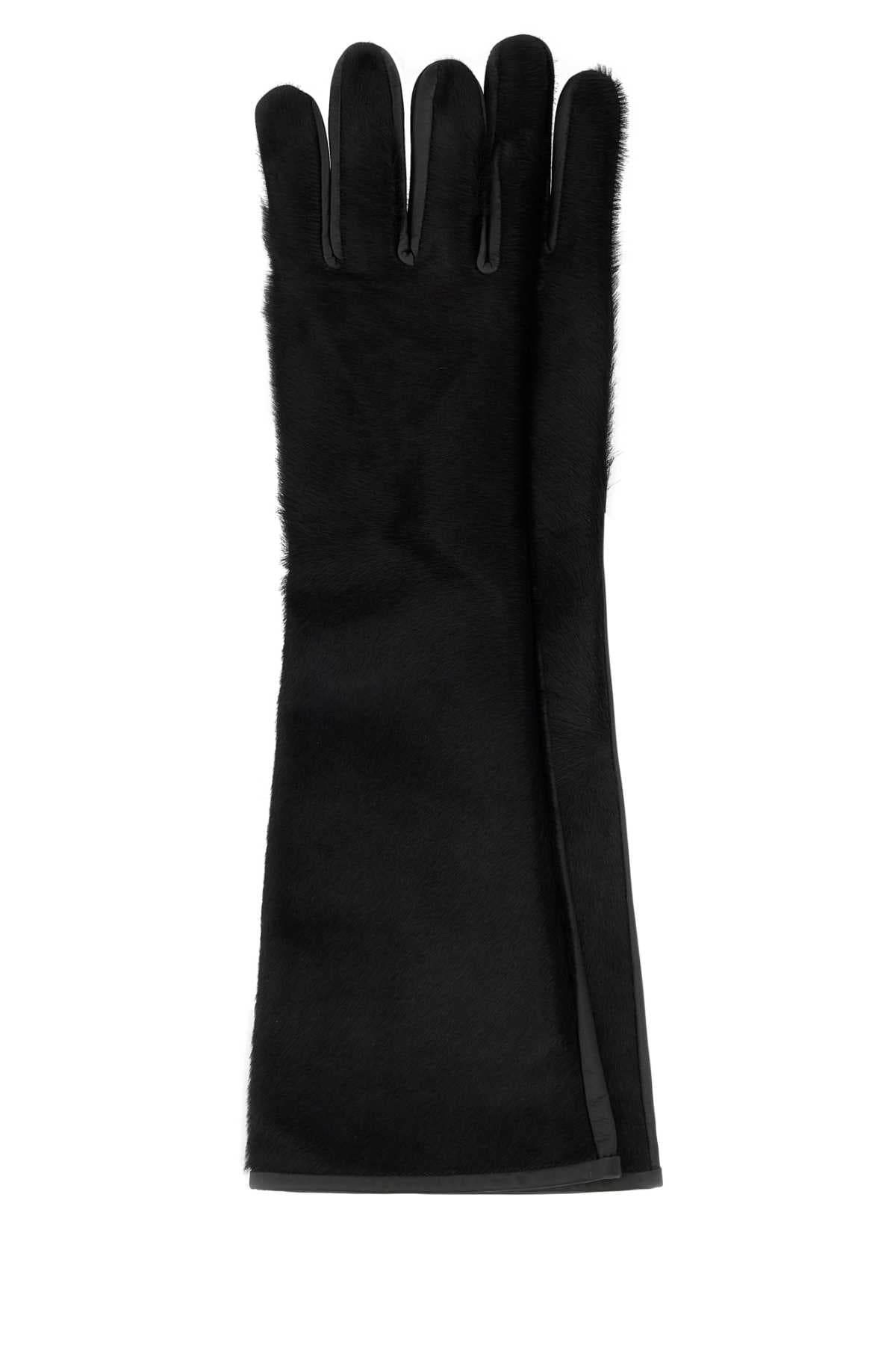 Black leather and calf hair Edna gloves