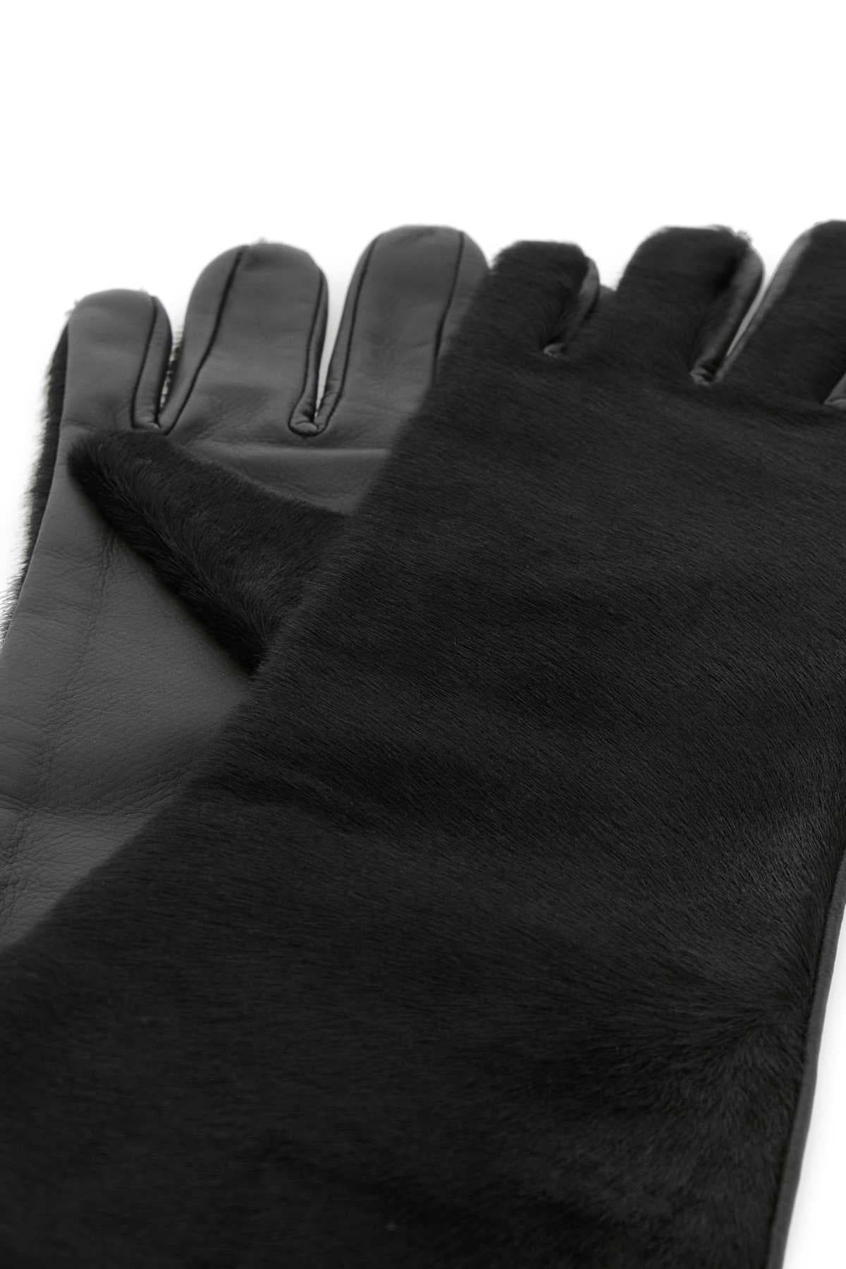 Black leather and calf hair Edna gloves - мініатюра 2