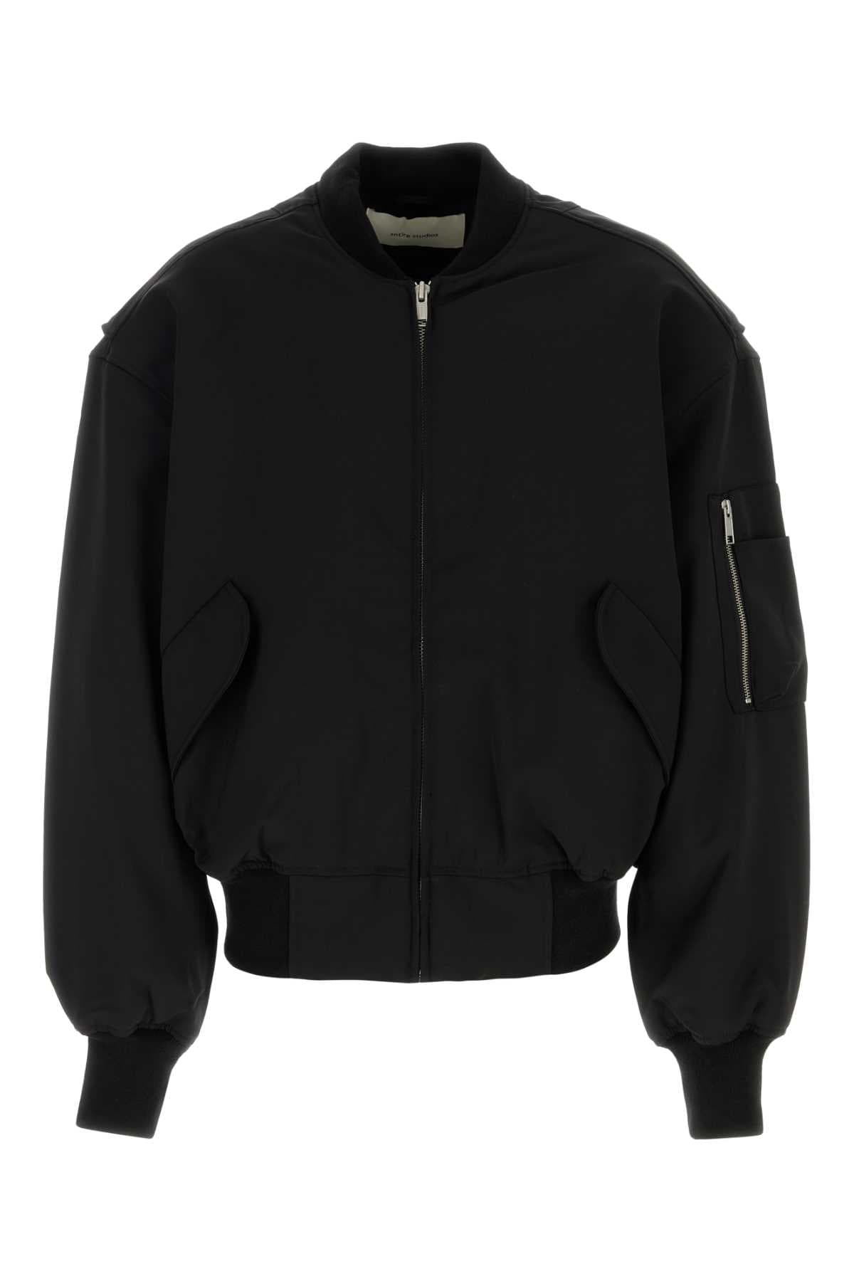 Black stretch polyester blend bomber jacket