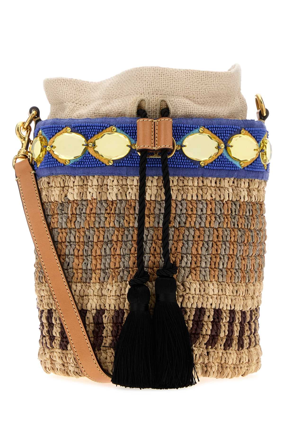 Embroidered raffia VLogo Signature bucket bag