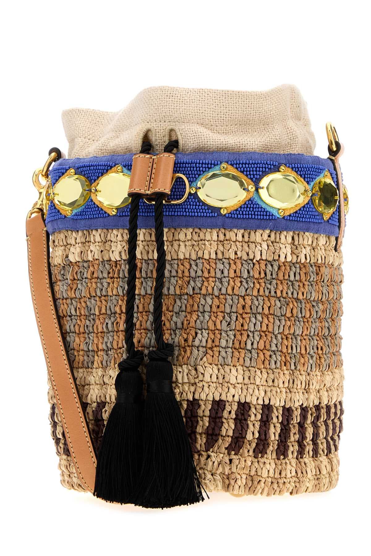 Embroidered raffia VLogo Signature bucket bag - мініатюра 2