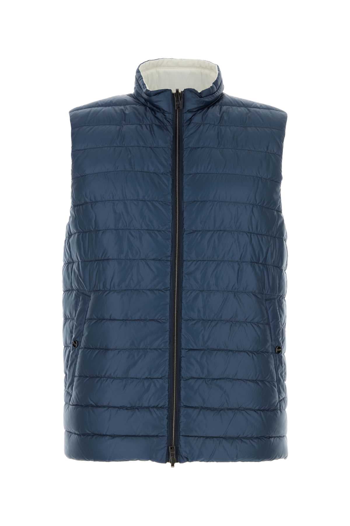 Blue nylon reversible down jacket