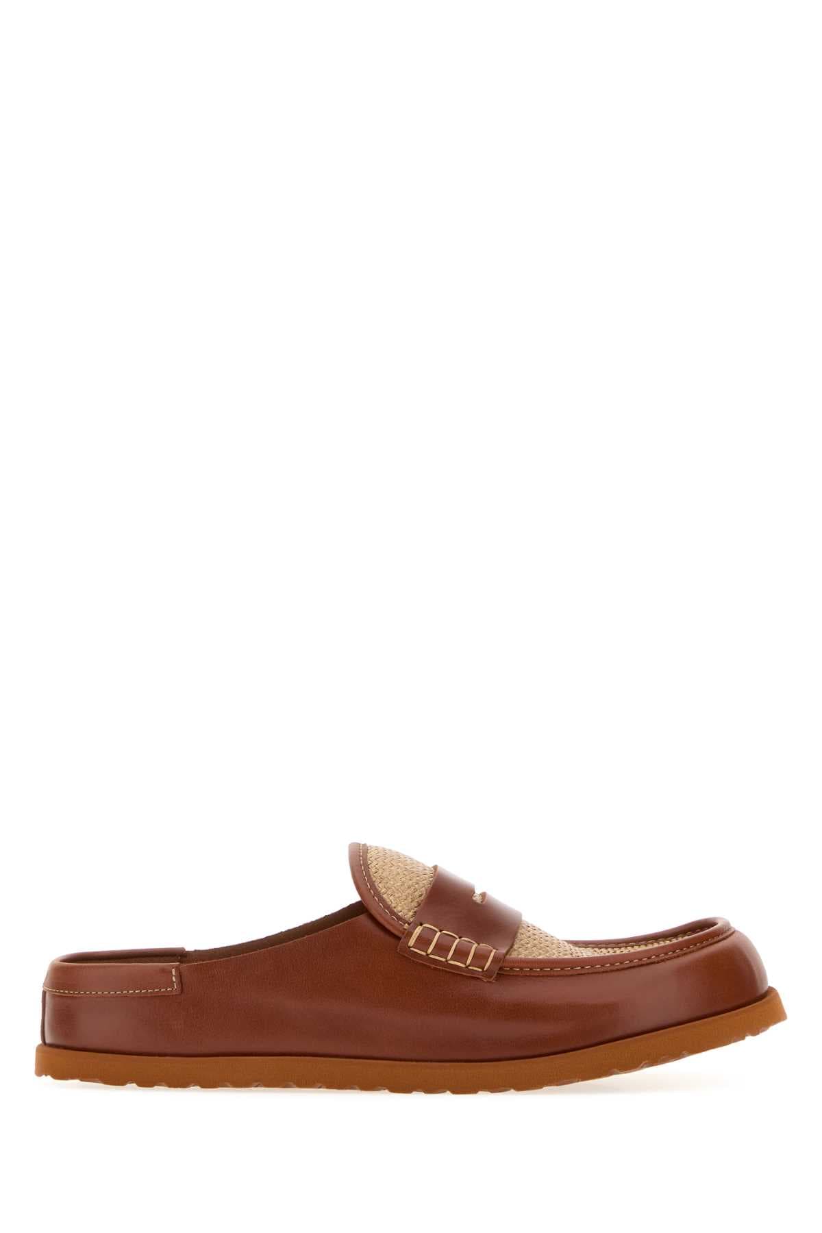 Two-tone raffia and nappa leather Naples slippers