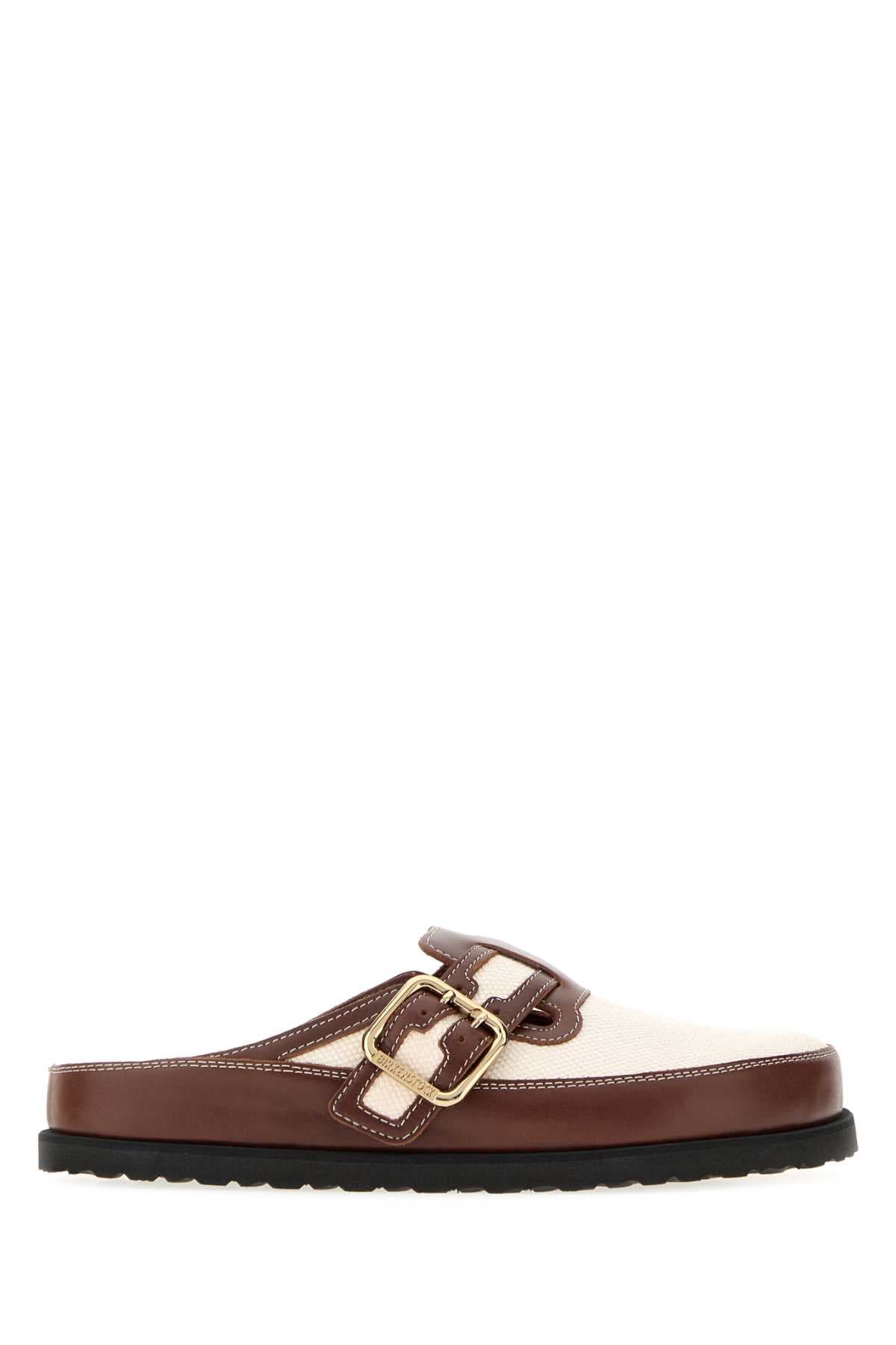 Two-tone leather and canvas Boston slippers
