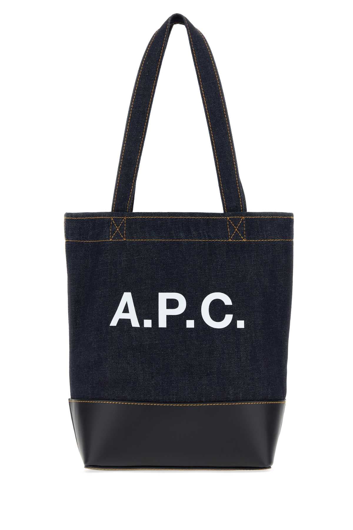 Dark blue denim and leather Axelle shopping bag