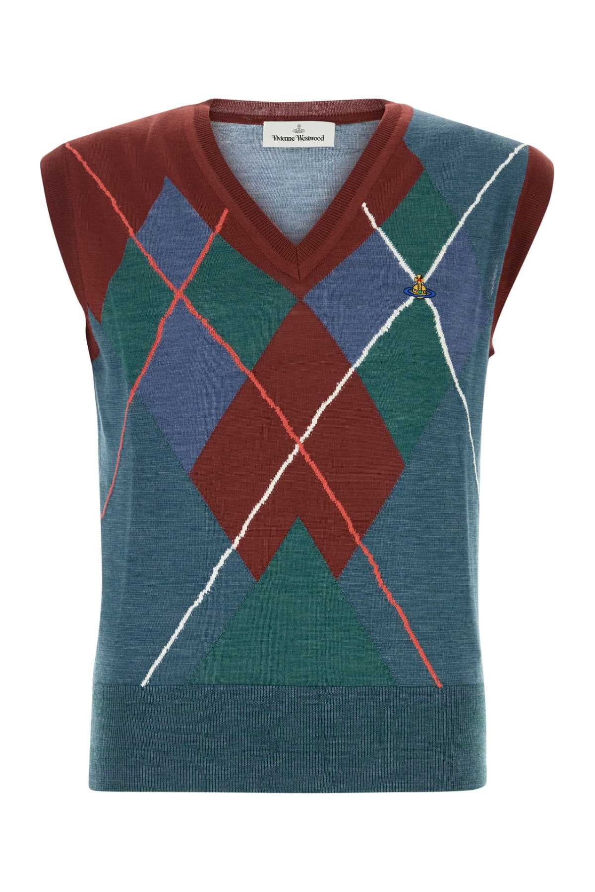 Embroidered wool blend Argyle vest