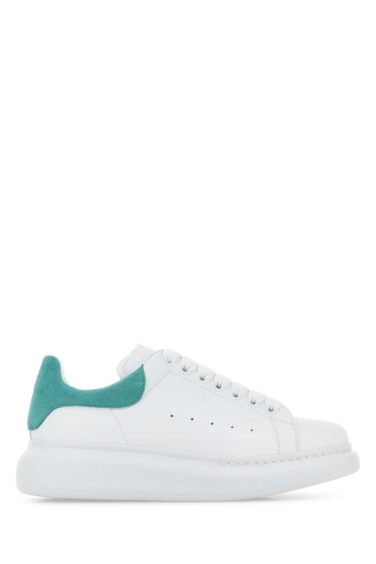 White leather sneakers with sea green suede heel
