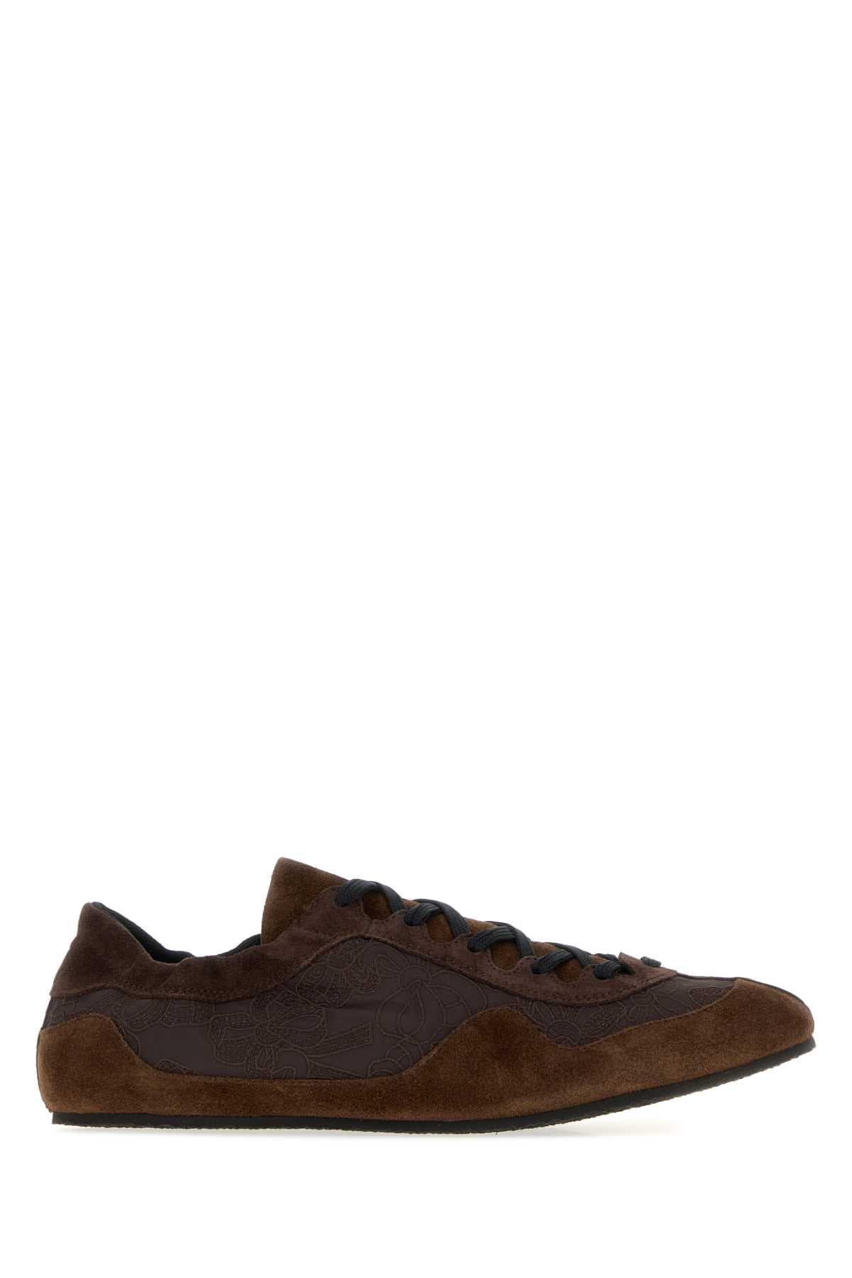Brown fabric and suede sneakers