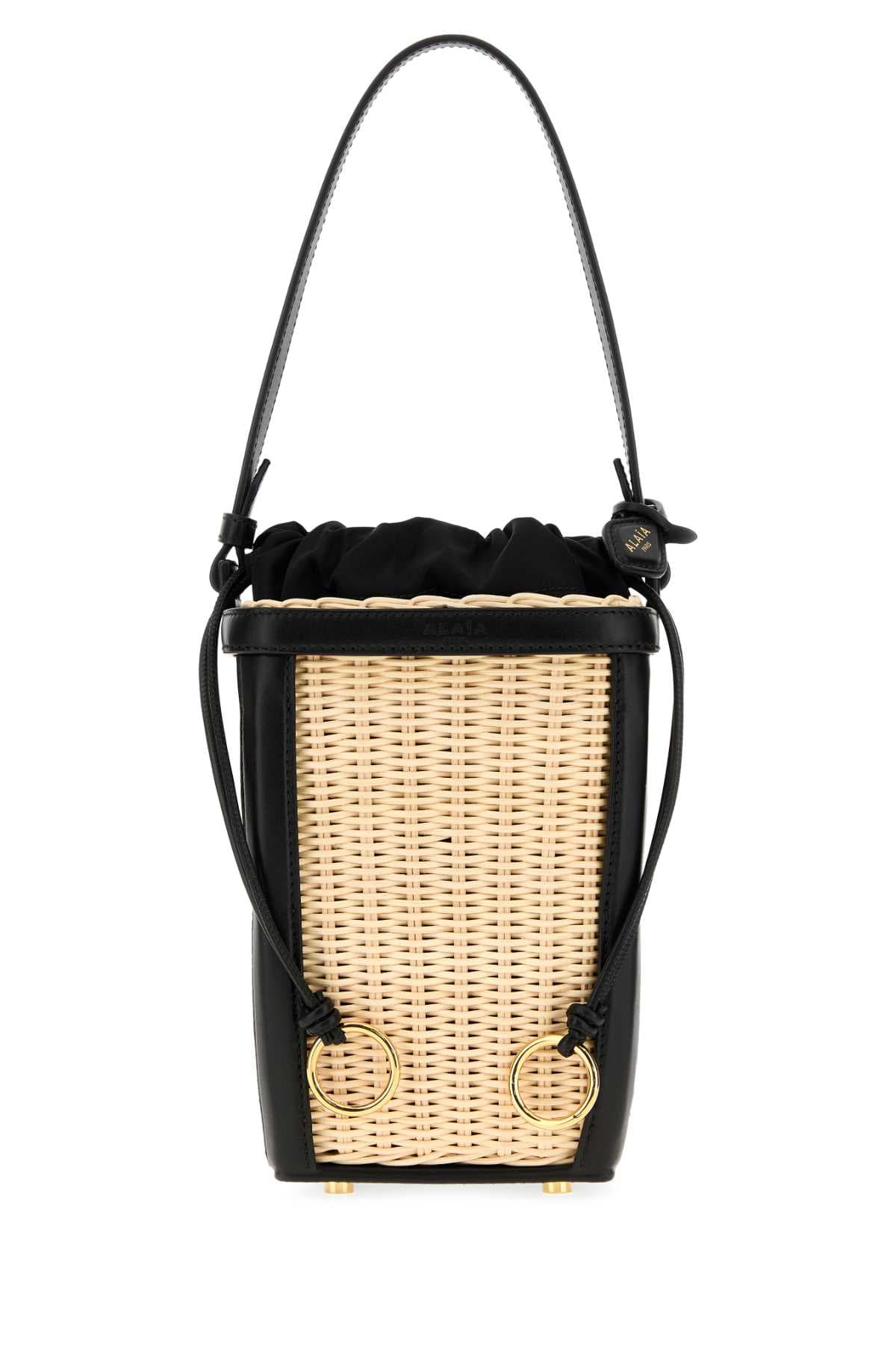 Two-tone wicker and leather small bucket bag