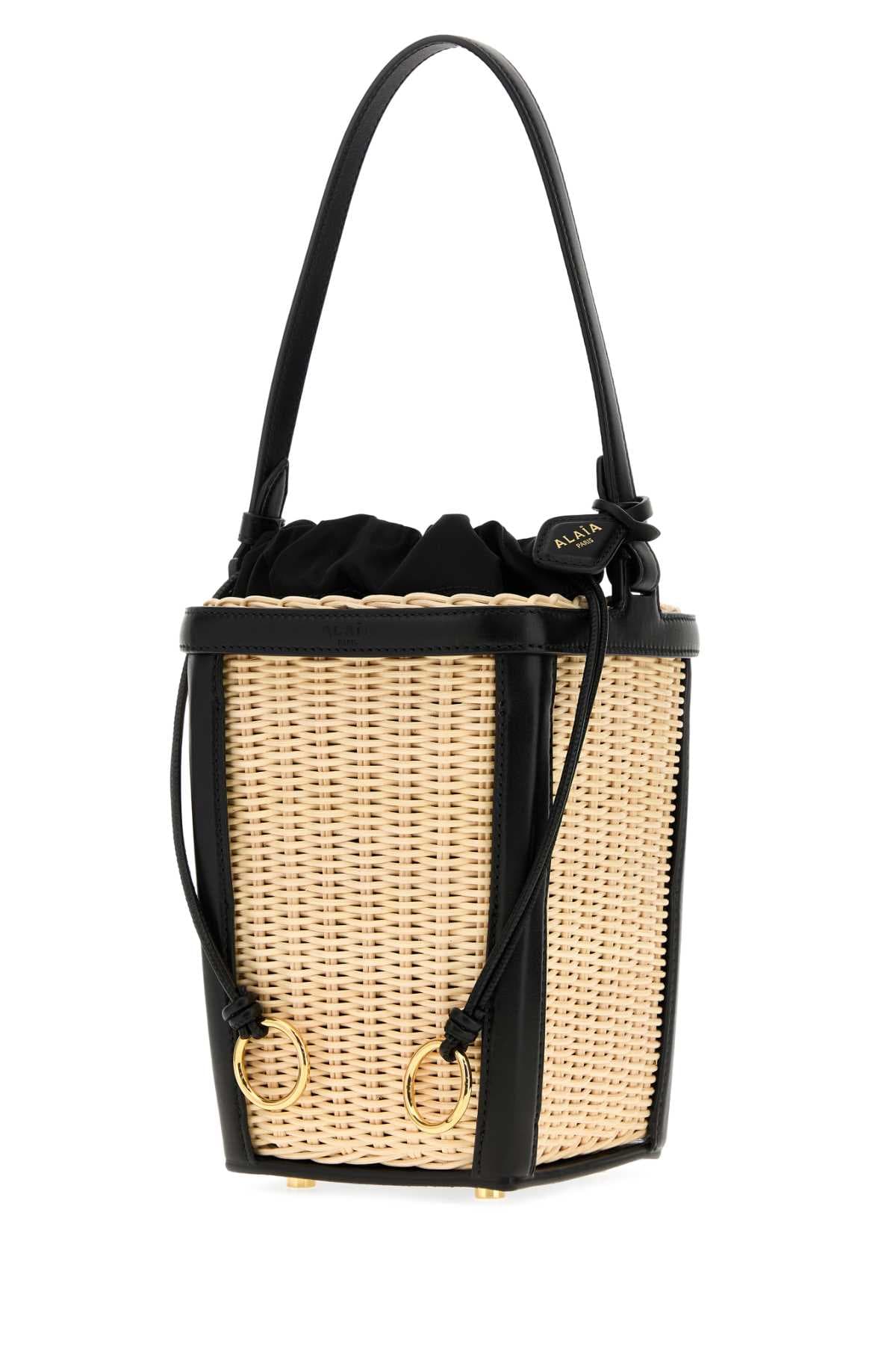 Two-tone wicker and leather small bucket bag - мініатюра 2