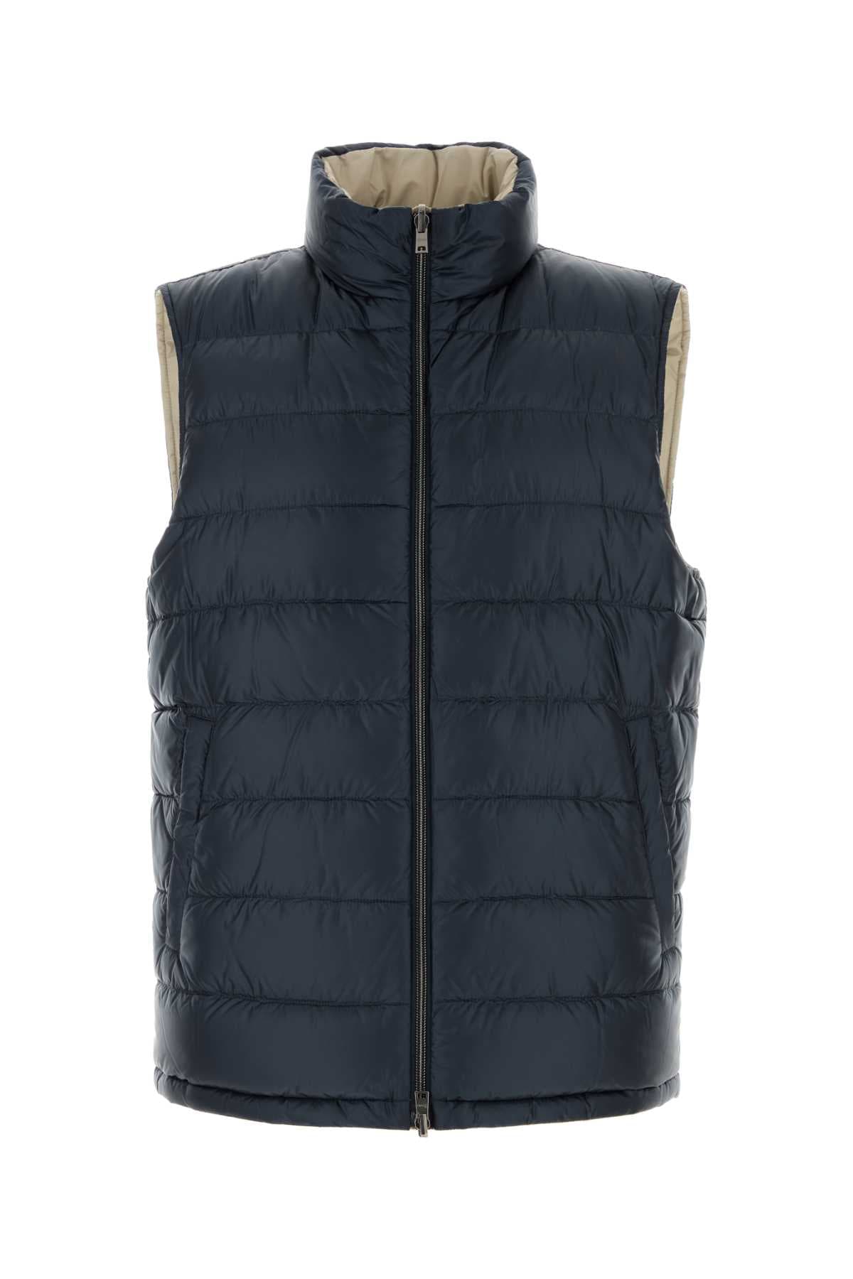 Navy blue nylon sleeveless down jacket