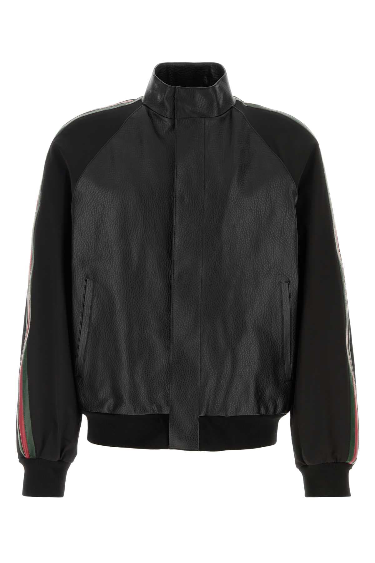 Black leather bomber jacket