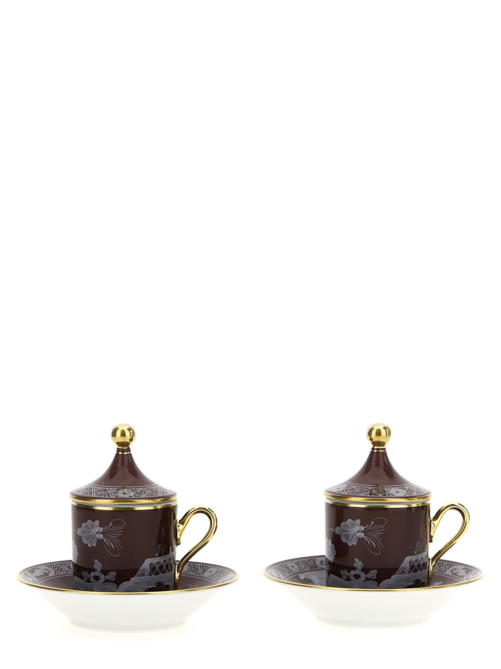 Set of 2 cups with saucer and lid