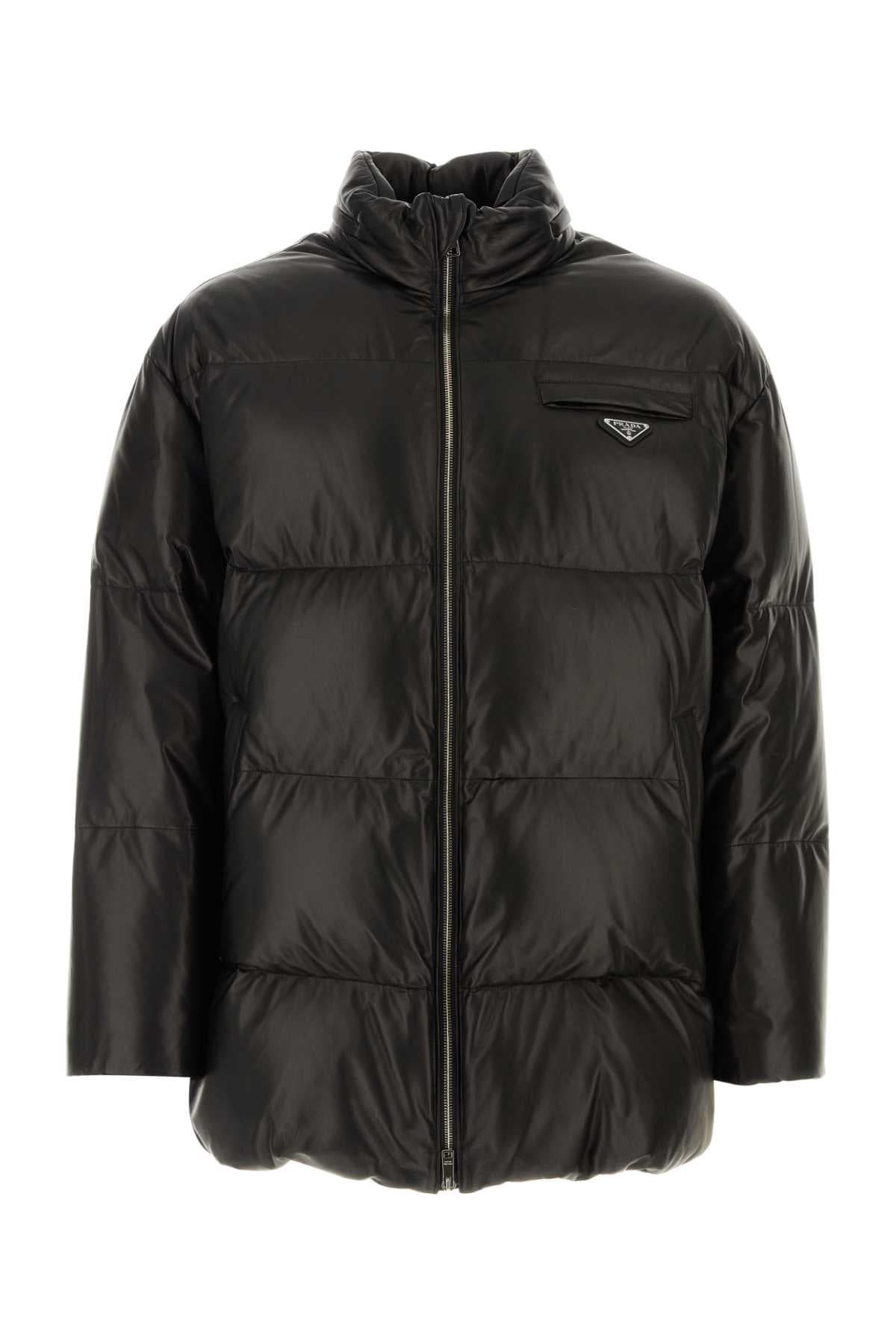 Black nappa leather down jacket